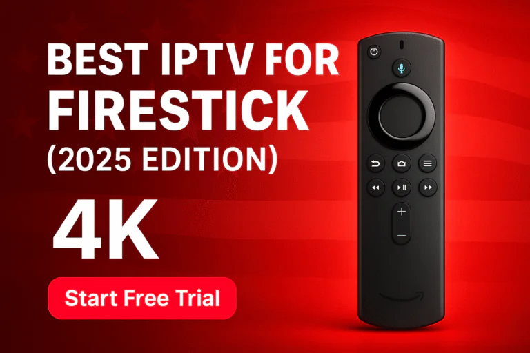 best iptv for firestick 2025 – multiplex iptv fire tv 4k remote on red usa background with start free trial button