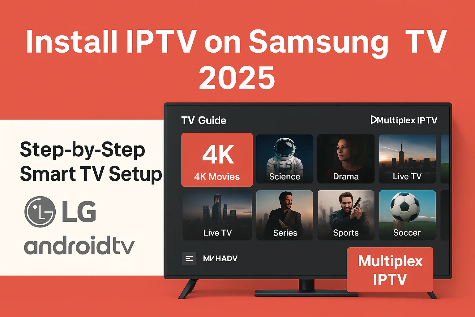install iptv on samsung tv 2025 – tutorial banner showing smart tv screen with multiplex iptv interface, lg and android logos, and step-by-step smart tv setup in red and white design