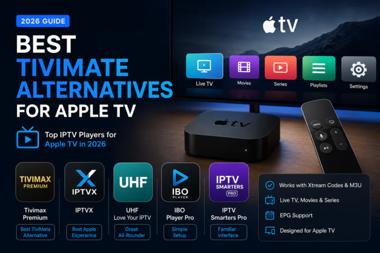 Best TiviMate alternatives for Apple TV in 2026, featuring Tivimax, IPTVX, UHF, IBO Player Pro and IPTV Smarters Pro.